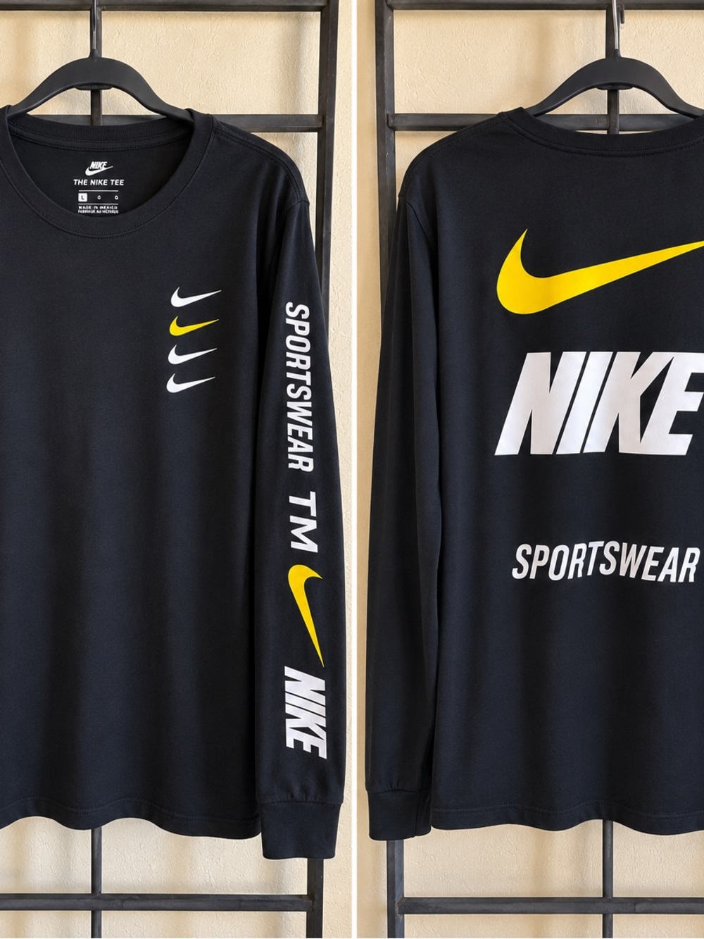 Nike Black Long Sleeve Sportswear Tee with Yellow and White Logos